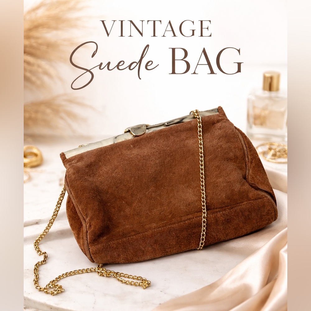 Vintage Chestnut Brown Suede Crossbody Bag Gold Chain Boho Y2K Purse